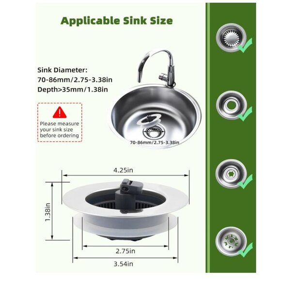 Hygie Rinse 3-in-1 Kitchen Sink Strainer Stopper Universal Pop Up Sink Drainer - Picture 3 of 6